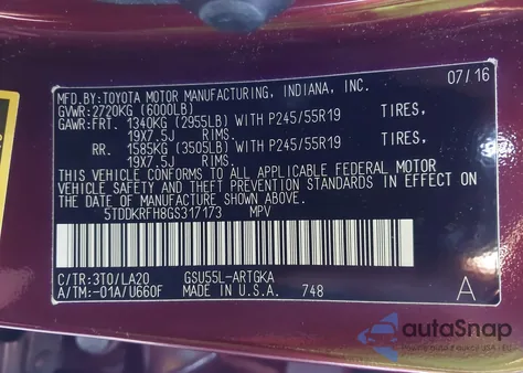 2016 Toyota Highlander Limited Platinum V6 z USA, uszkodzony, nr VIN 5TDDKRFH8GS317173